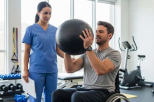 Man in a wheelchair holds a medicine ball, assisted by a woman in blue scrubs. They are in a bright gym, suggesting a supportive, focused rehabilitation session.