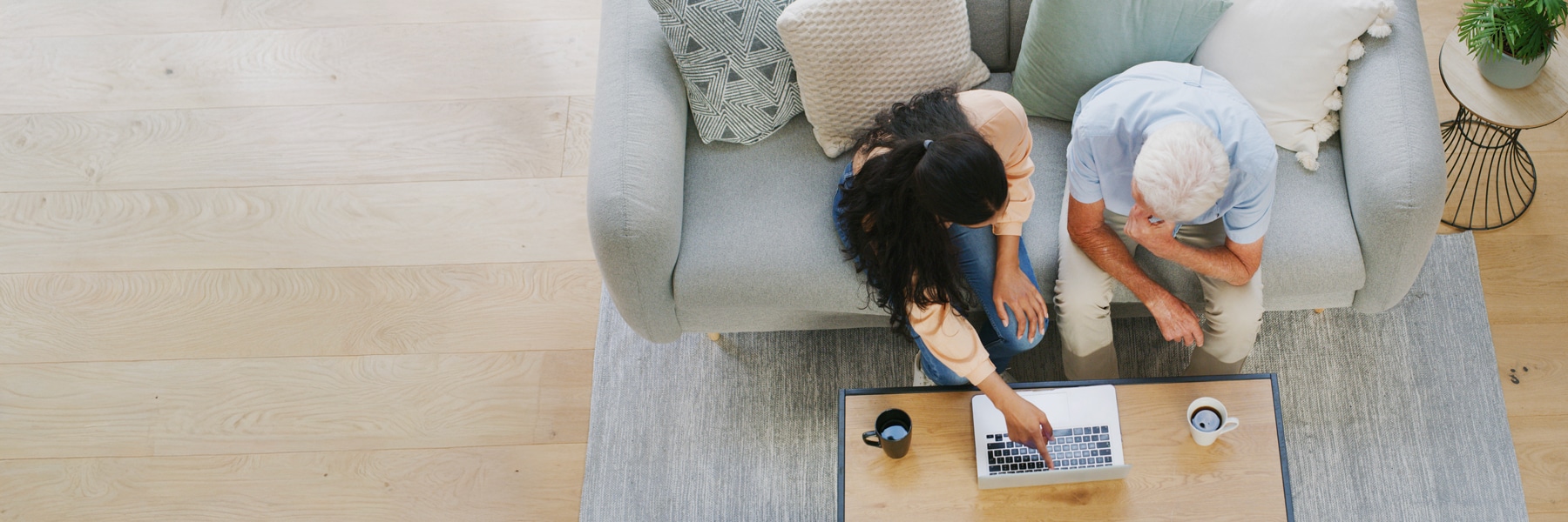 Aerial view of two people sitting on a gray sofa, focused on a laptop on a coffee table.