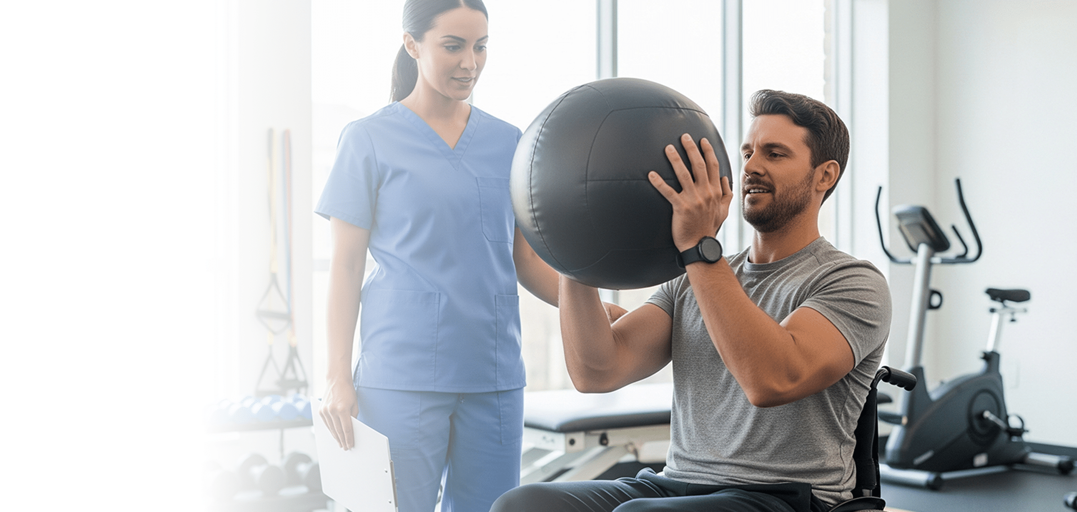 Man in a wheelchair holds a medicine ball, assisted by a woman in blue scrubs. They are in a bright gym, suggesting a supportive, focused rehabilitation session.